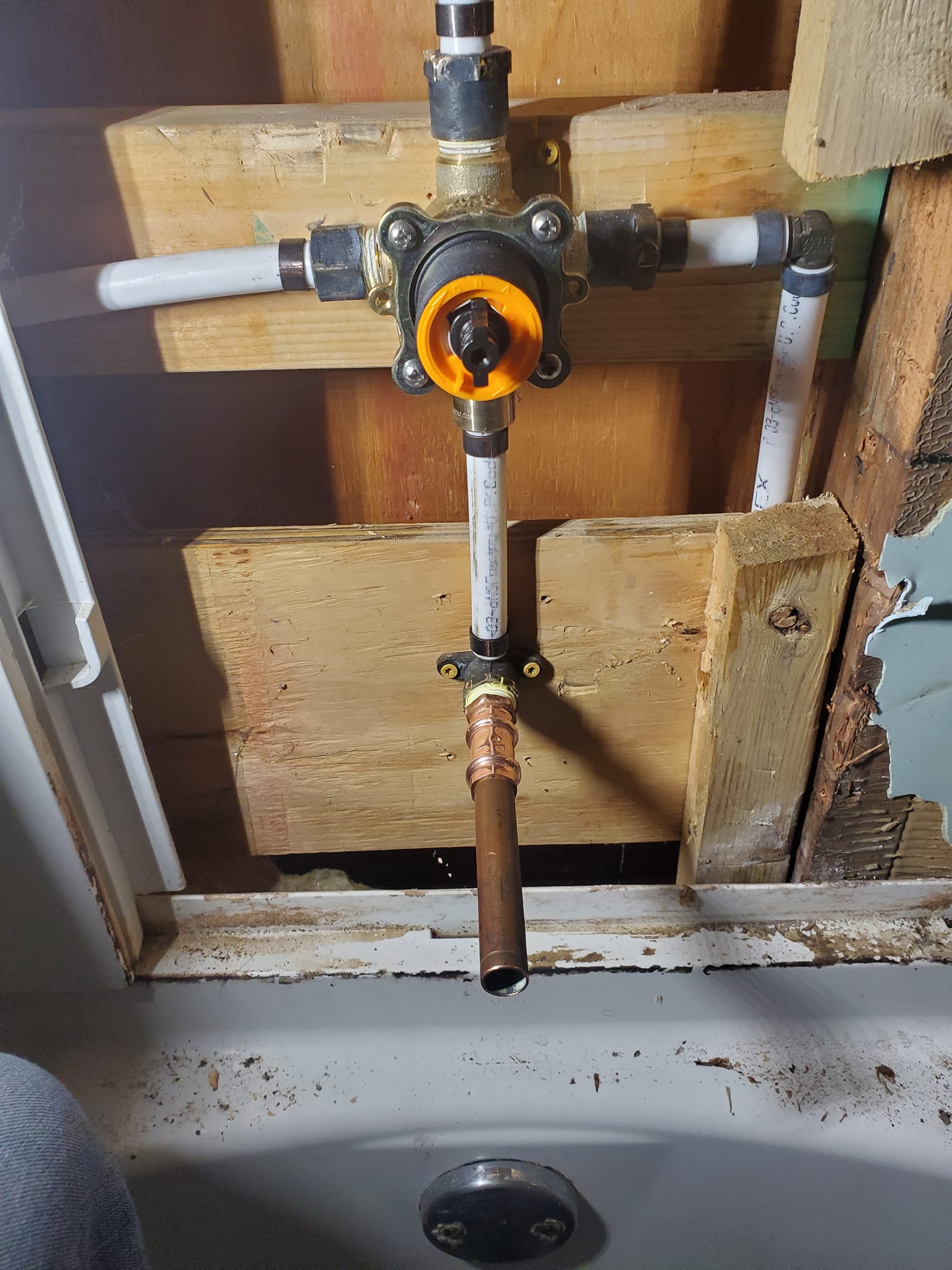 Copper plumbing line repair, close detail